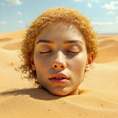The primary subject of the image is a woman with blonde hair, lying down in the sand. She appears to be sleeping or resting, with her eyes closed. The setting is a desert environment, with sand covering the ground. The visual style of the image is a close-up of the woman's face, emphasizing her features and the sandy background. The colors in the image are predominantly shades of brown and beige, creating a warm and natural atmosphere.